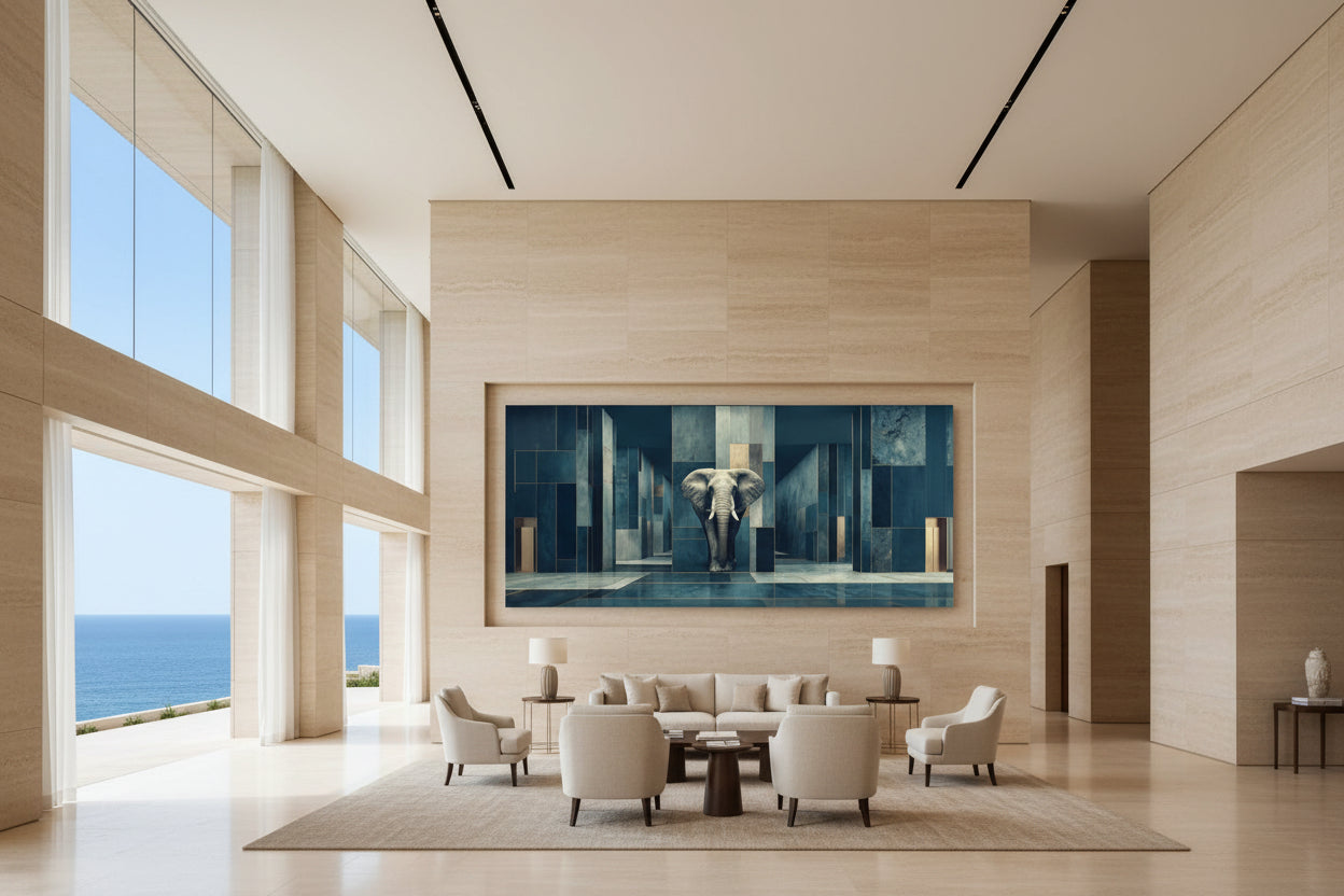 Oversized elephant wall art in ultra luxury resort hotel lobby with sea view