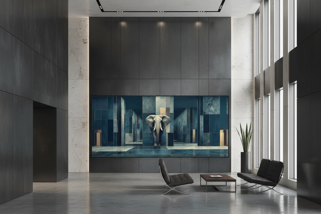 Framed elephant artwork in ultra luxury corporate headquarters executive hall