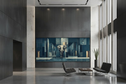 Framed elephant artwork in ultra luxury corporate headquarters executive hall