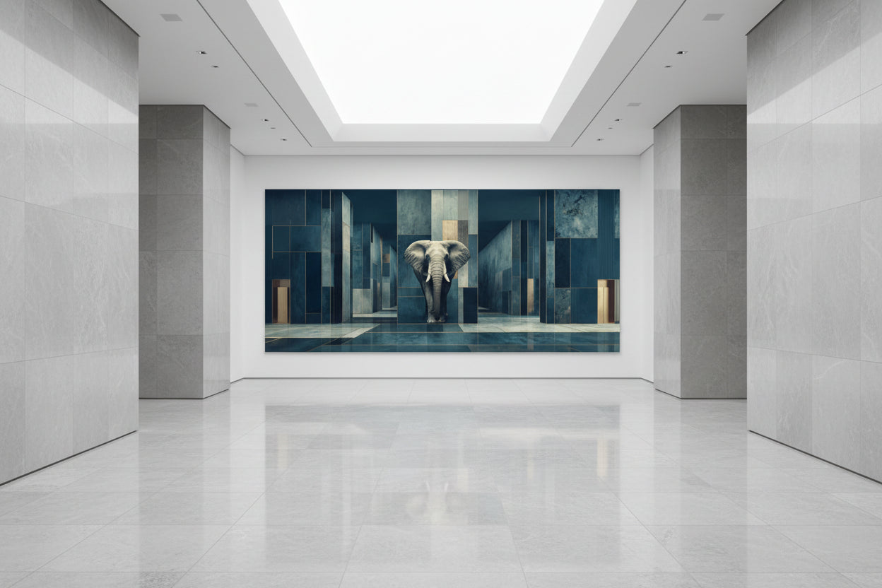 Large elephant artwork in luxury gallery corridor installation space
