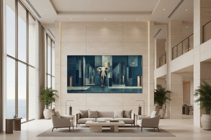 Oversized elephant wall art in ultra luxury resort hotel lobby with sea view