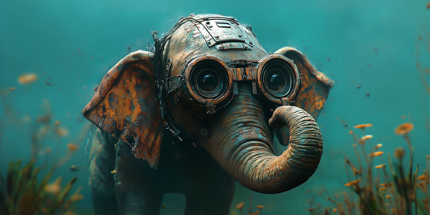 Depth Check | Elephant Wall Art | Limited Edition | Wallimals_Large fine art print of elephant with pilot goggles submerged underwater in teal tones.