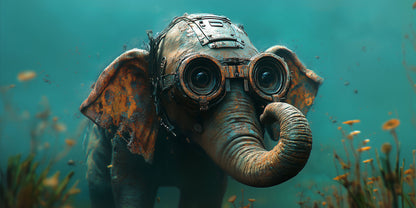 Depth Check | Elephant Wall Art | Limited Edition | Wallimals_Large fine art print of elephant with pilot goggles submerged underwater in teal tones.