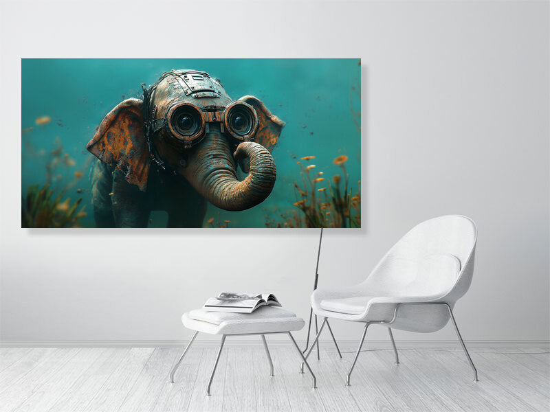 Large horizontal elephant artwork dominating open wall in modern villa living room with floor-to-ceiling glass windows and view