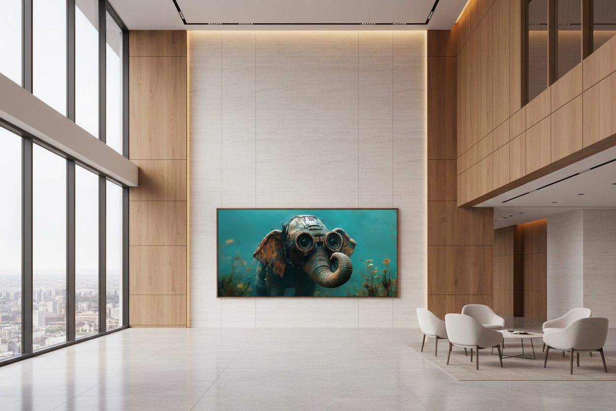 Large elephant fine art print centered on architectural wall in a luxury lounge with sculpted seating group and large floor to ceiling windows with city view