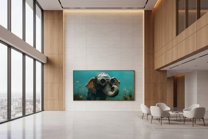 Large elephant fine art print centered on architectural wall in a luxury lounge with sculpted seating group and large floor to ceiling windows with city view
