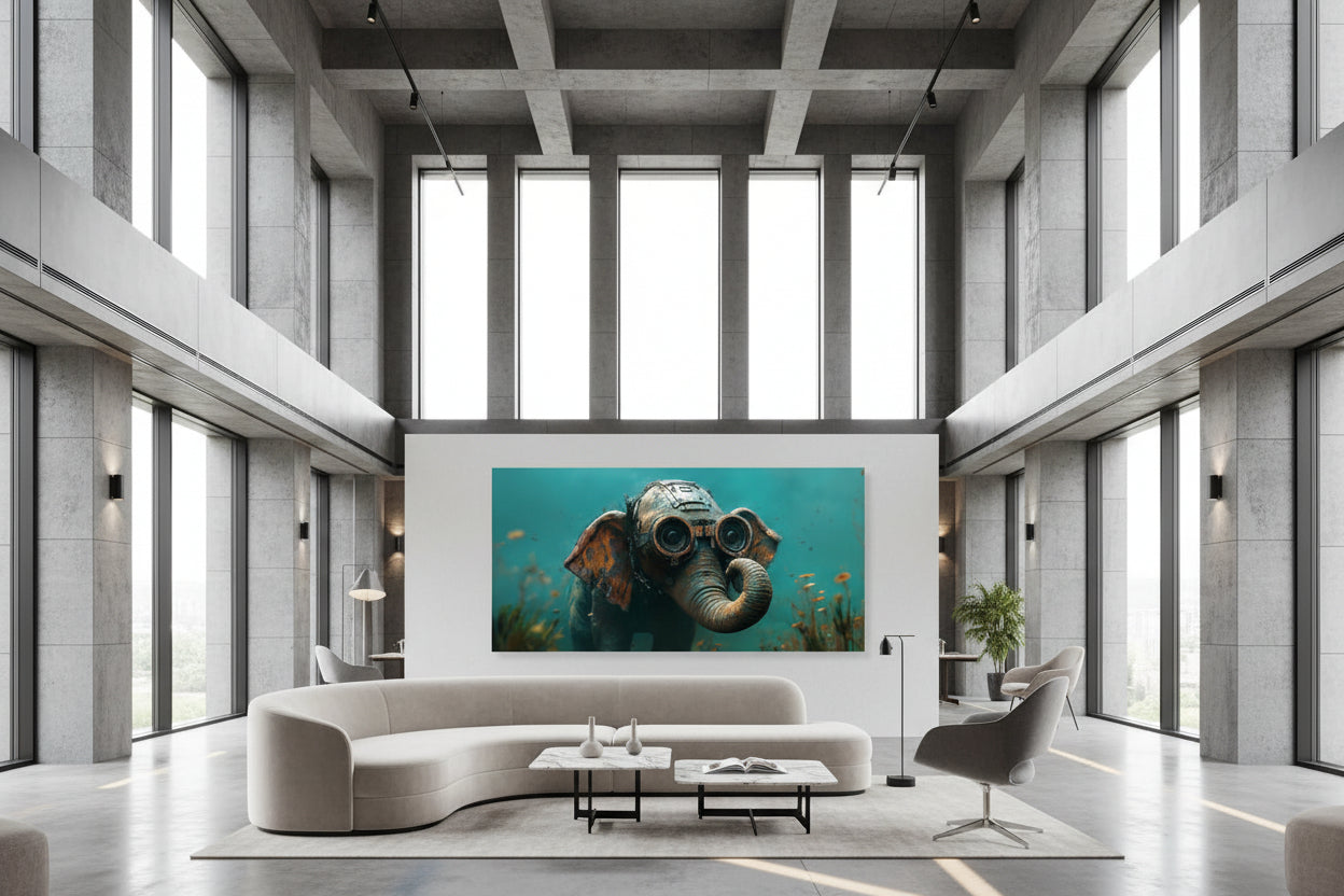 Large elephant fine art print centered on architectural wall in a luxury lounge with velvet seating and marble tables.