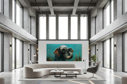 Large elephant fine art print centered on architectural wall in a luxury lounge with velvet seating and marble tables.
