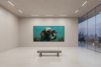 Large elephant underwater artwork displayed on expansive white wall with large windows and view to rooftop terrasse with city view and polished floors.