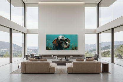 Large elephant fine art print centered on architectural wall in a luxury vjlla seaning area with low profile seating and stone tables.