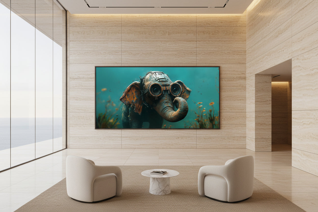 Modern lounge interior with a large elephant painting on the wall