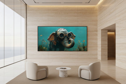 Modern lounge interior with a large elephant painting on the wall