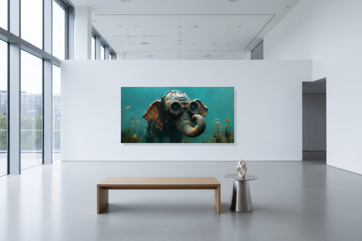 Large elephant underwater artwork displayed on expansive white gallery wall with high ceilings and concrete floors.