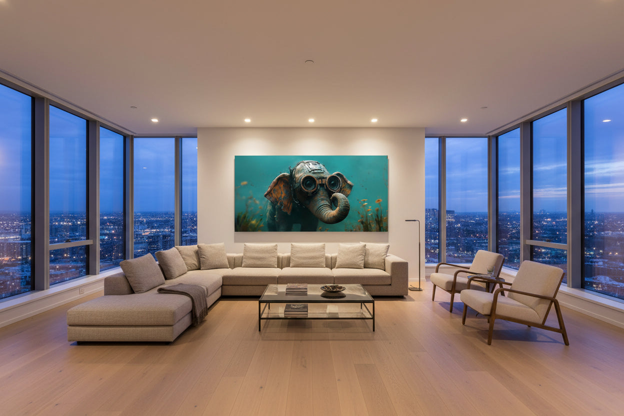 Large horizontal elephant artwork dominating open wall in modern penthouse with floor-to-ceiling glass windows.