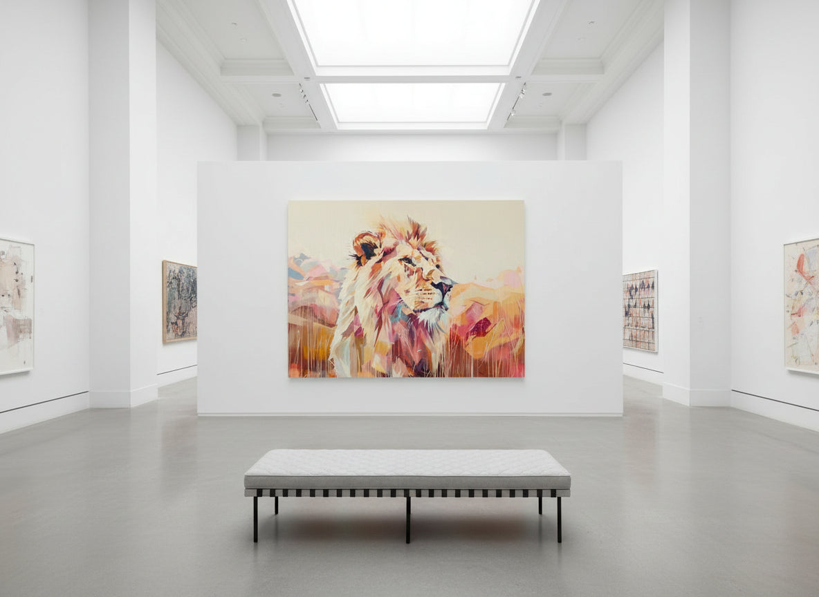 Fine art lion artwork mounted on a matte off-white wall in a contemporary art gallery with skylights and natural lighting.