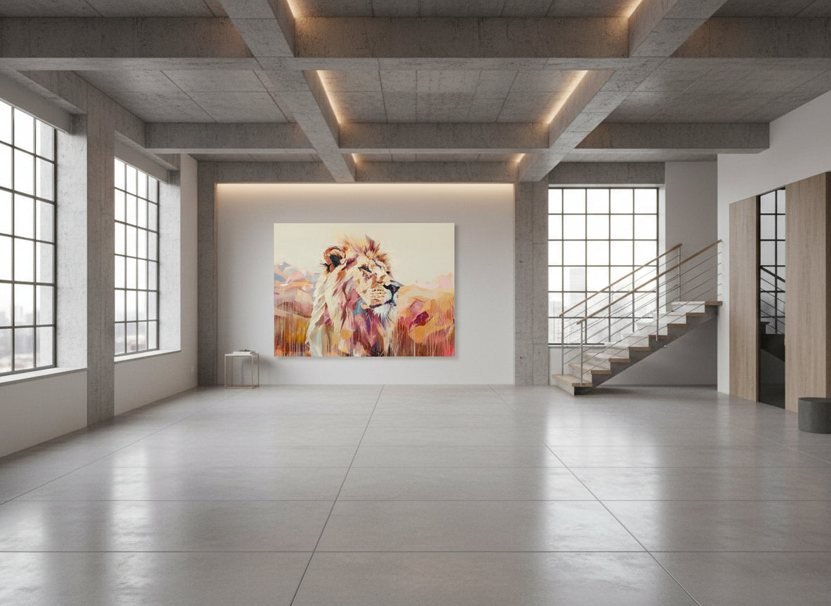 Fine art lion artwork mounted on a matte off-white wall in a contemporary industrial gallery spcae with ambient lighting.