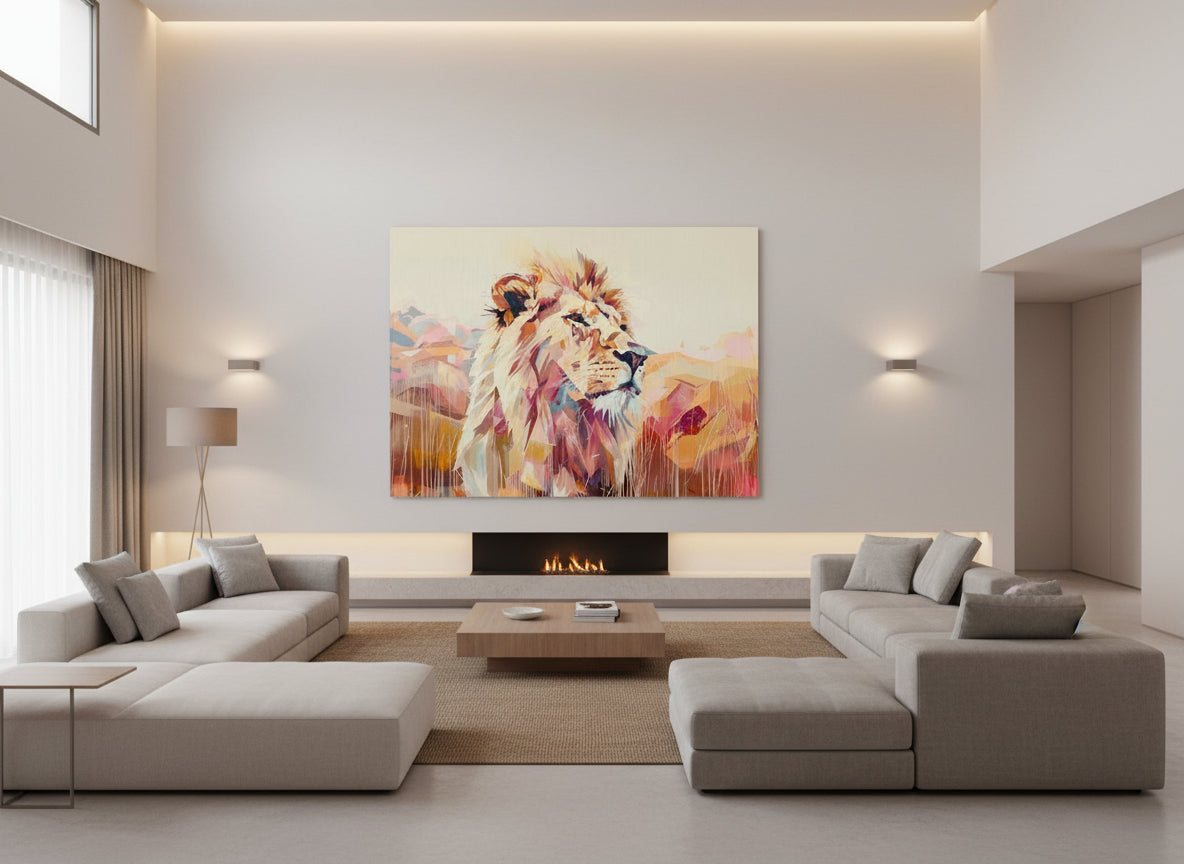 Modern luxurious villa living room with neutral walls, tall windows,fireplace  and a large abstract Fine art lion artwork on the wall.