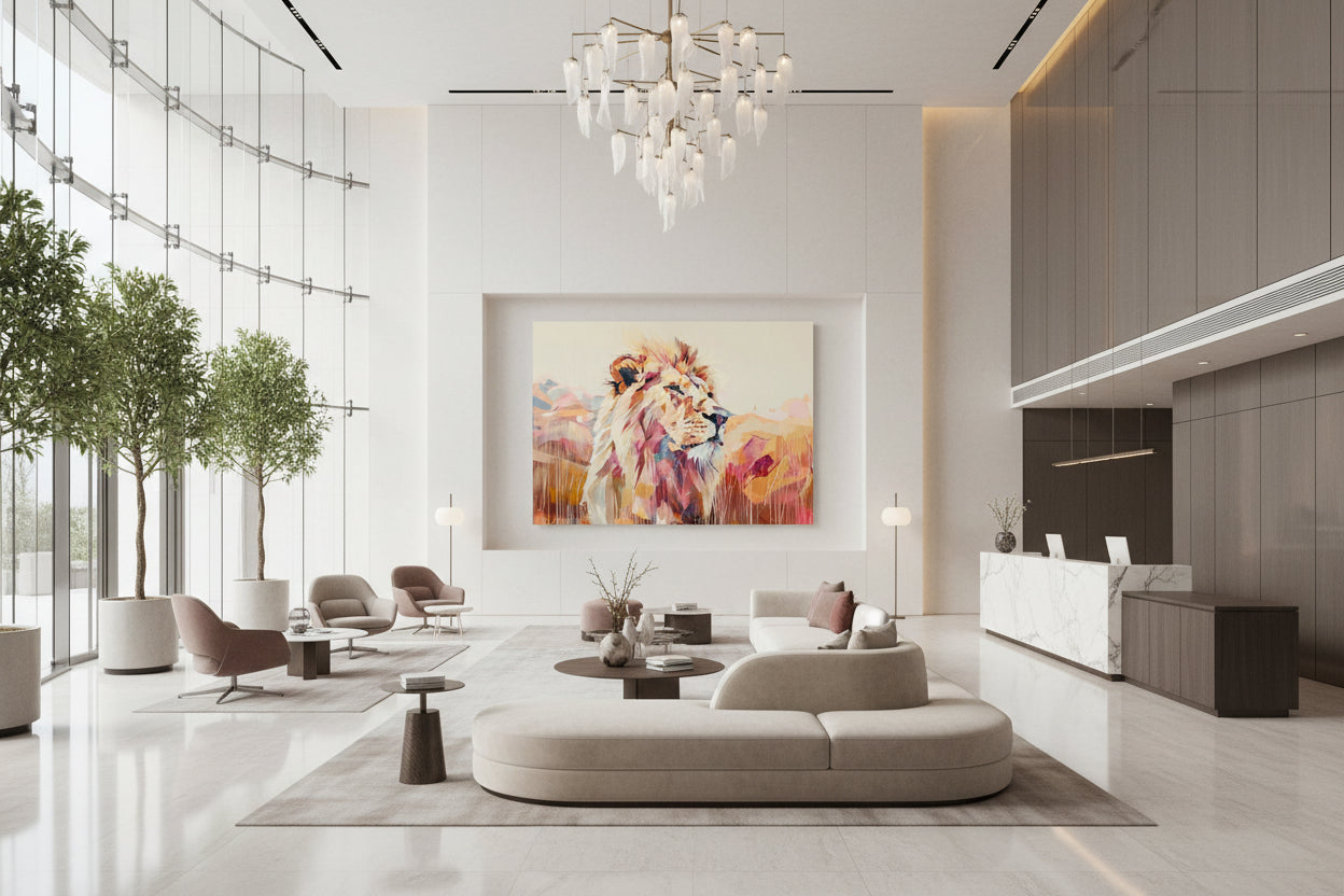 Oversized fine art print installed on a monumental feature wall in a luxury hotel lobby interior.