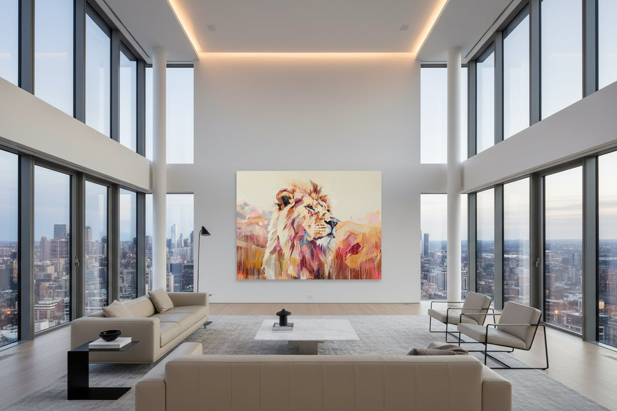 Statement-sized fine art print displayed on a wide plaster wall in a minimalist penthouse interior with panoramic windows.