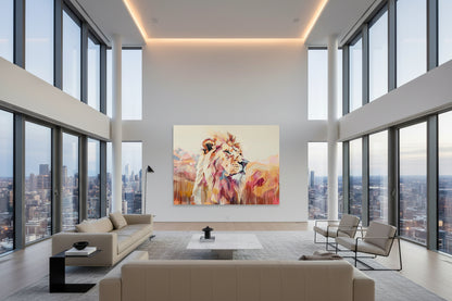 Statement-sized fine art print displayed on a wide plaster wall in a minimalist penthouse interior with panoramic windows.
