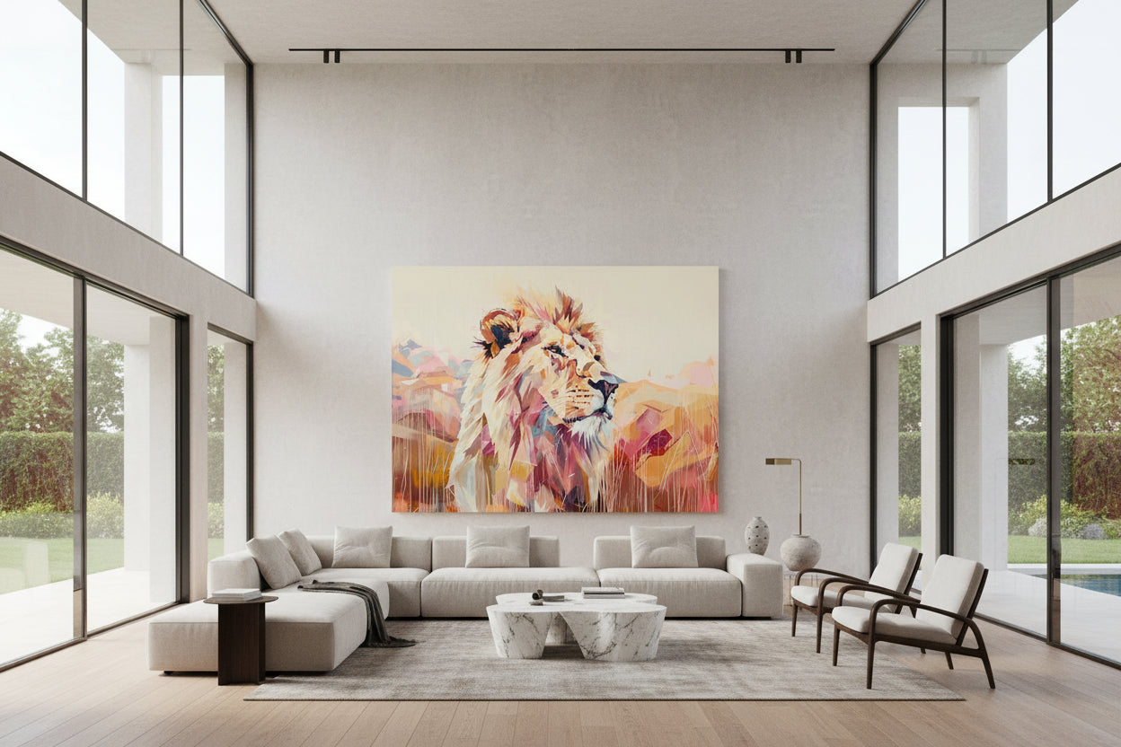 Large 152 × 202 cm abstract lion statement artwork displayed in a contemporary villa living room with high ceilings and floor-to-ceiling windows.