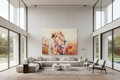 Large 152 × 202 cm abstract lion statement artwork displayed in a contemporary villa living room with high ceilings and floor-to-ceiling windows.