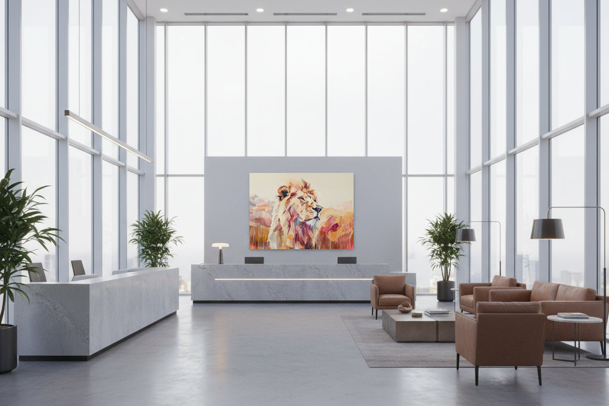 Oversized 152 × 202 cm fine art print showcased in a spacious corporate reception area with double-height ceilings.