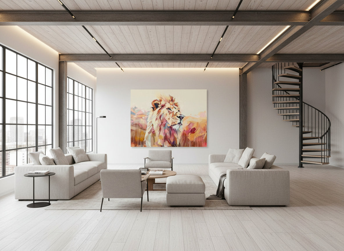 Modern Industrial style loft living room with neutral walls, tall windows, a spiral staircase, and a large abstract Fine art lion artwork on the wall.