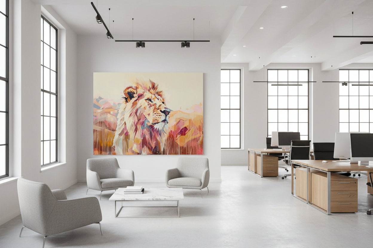 Large-scale abstract lion artwork positioned behind a conference table in a modern executive boardroom with tall ceilings.