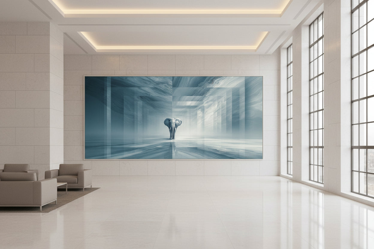Large statement wall art in architectural villa hall, artwork centered on wide wall with minimal furniture and open space, industrial windos