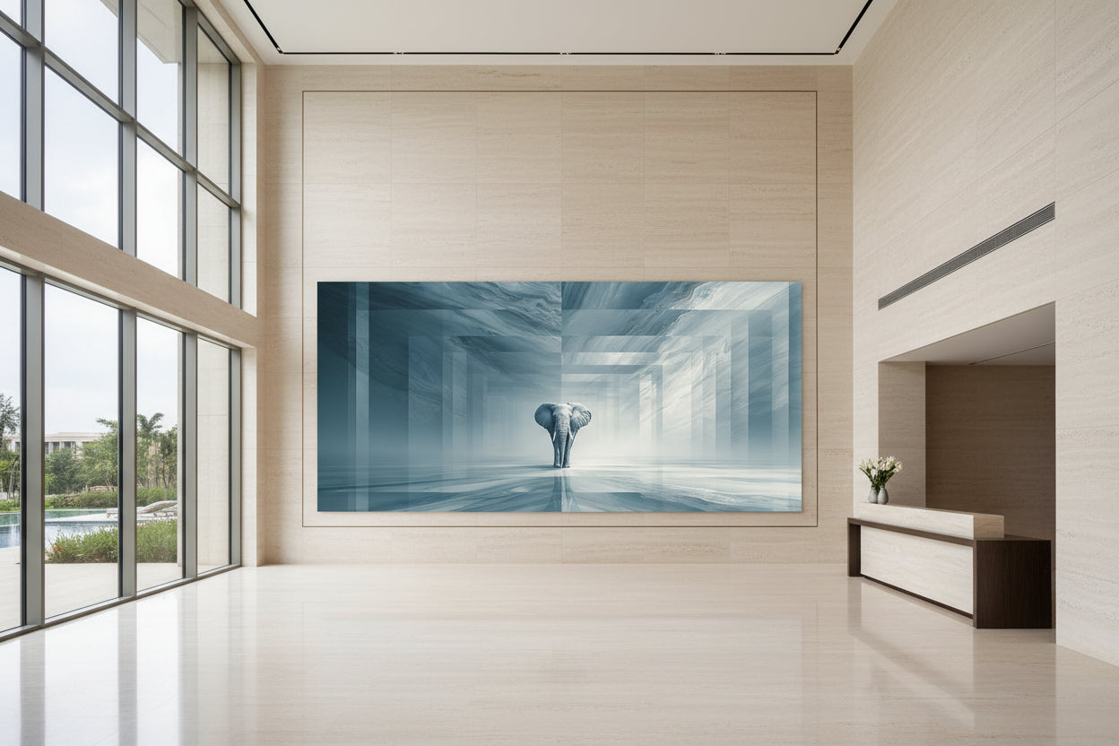 Large statement elephant wall art in luxury hotel reception, artwork spanning wide wall with open space and high ceilings