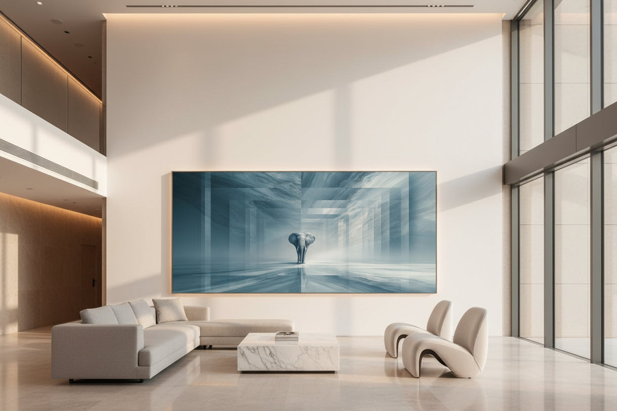Large statement elephant wall art in luxury lounge, artwork spanning wide wall with open space and high ceilings