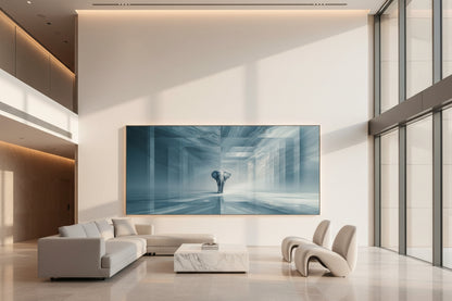 Large statement elephant wall art in luxury lounge, artwork spanning wide wall with open space and high ceilings