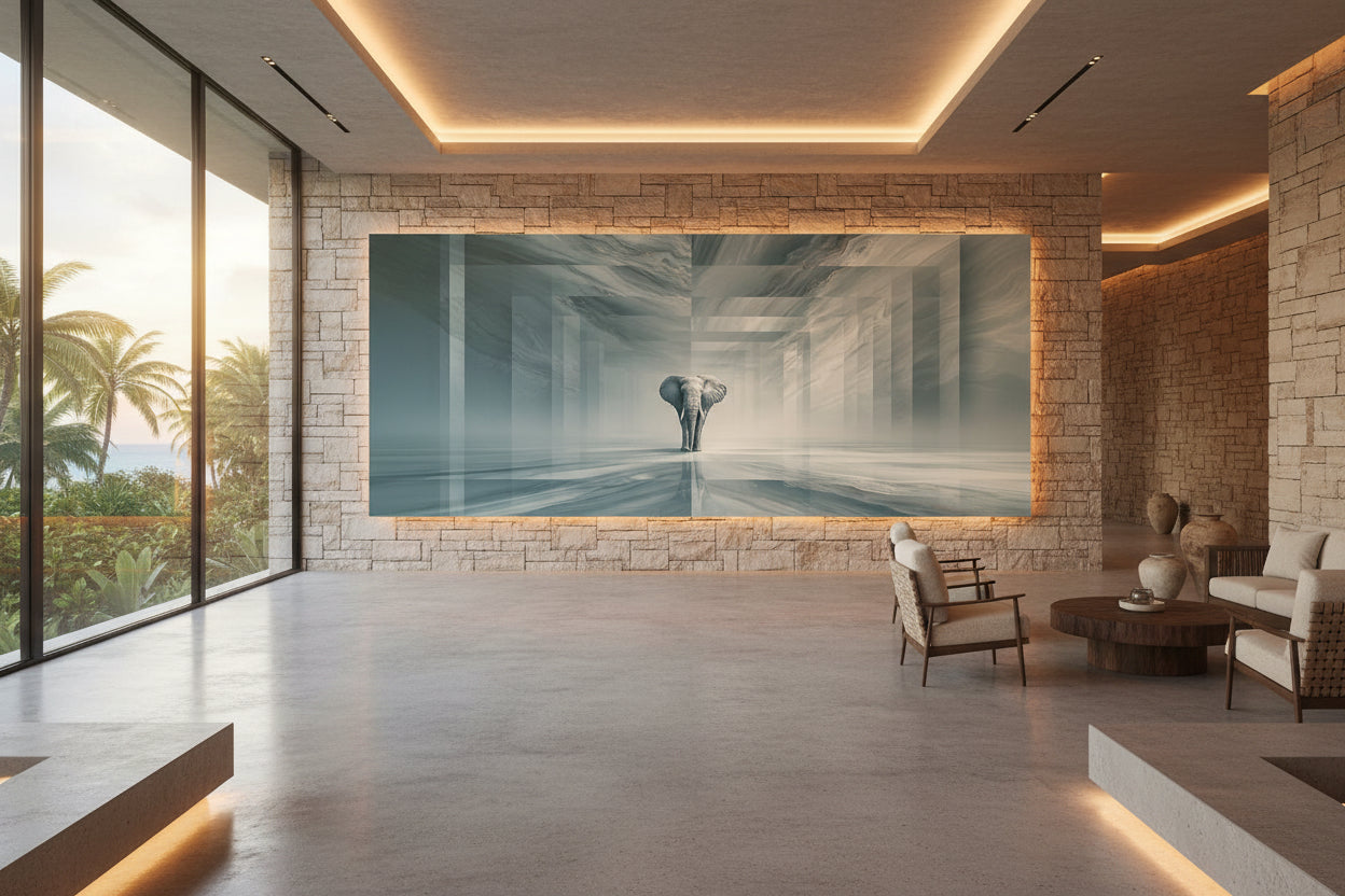 Large statement wall art in luxury lounge seating area, artwork on wide stone wall with ocean view and open interior
