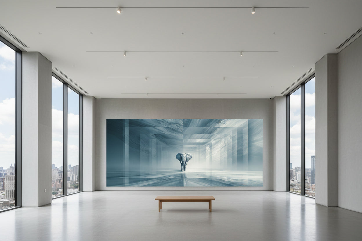 Modern art gallery with a large abstract elephant painting on the wall and a bench in front.