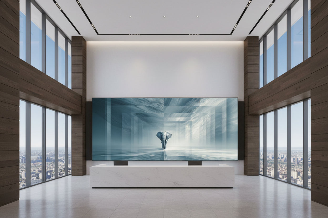 Large statement wall art in corporate reception lounge, artwork on wide wall, floor to ceiling wndows with skyline view 