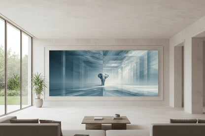Large statement wall art in architectural villa, artwork centered on wide wall with minimal furniture