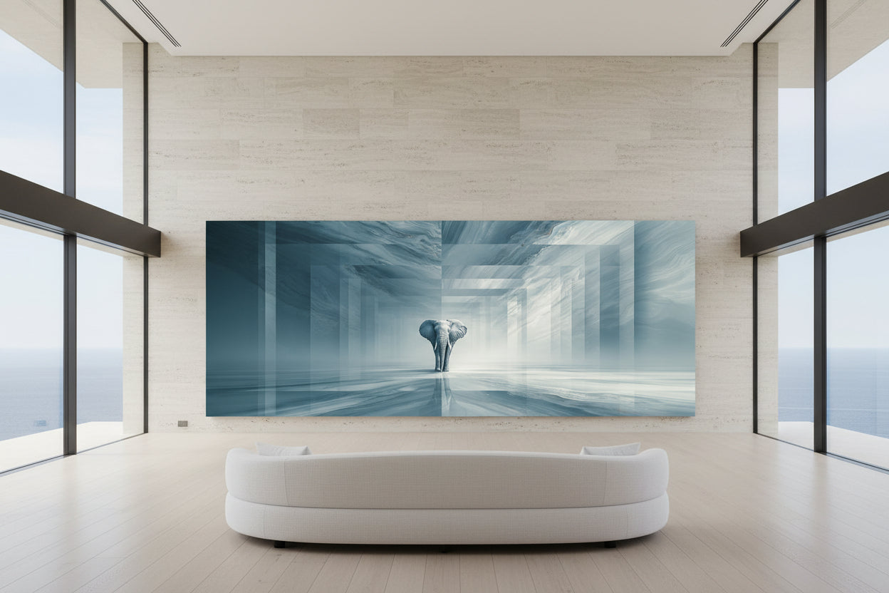 Large statement wall art in contemporary hall, artwork centered on wide exhibition wall with sculpted sofa and open interior