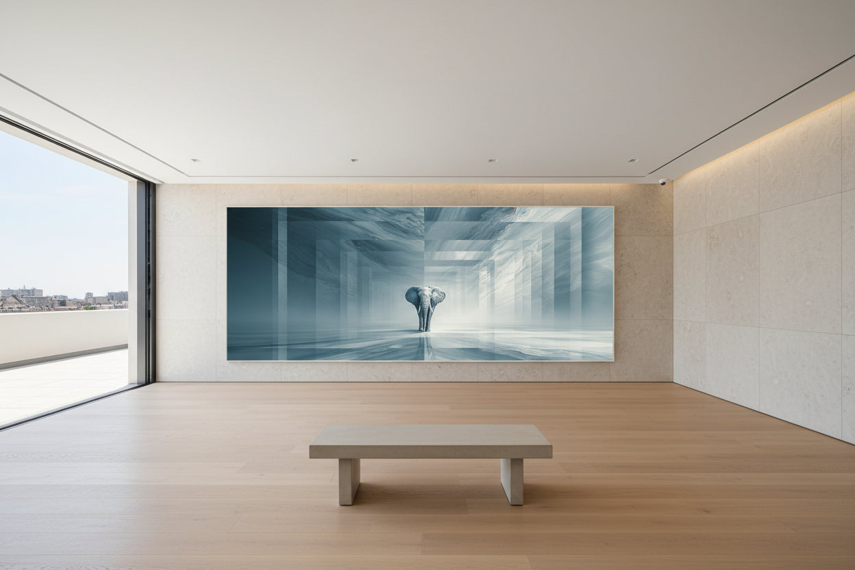 Large statement wall art in private collector gallery, artwork on limestone wall with minimal bench and spacious layout