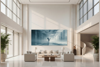 Large statement elephant wall art in luxury lounge, artwork spanning wide wall with open space and high ceilings