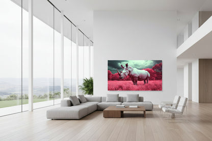 Large horizontal rhino artwork centered on expansive white wall in modern villa with high ceilings and floor-to-ceiling windows.