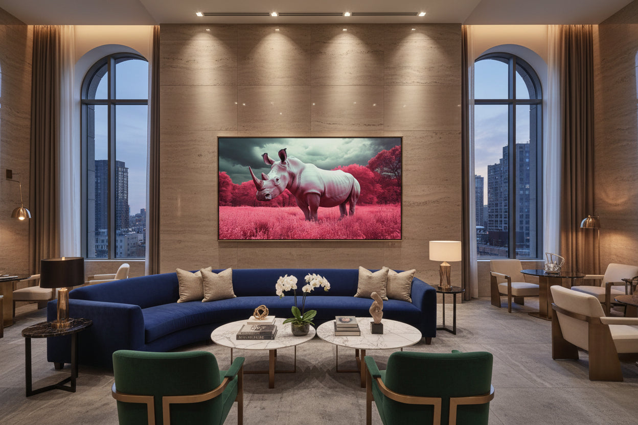 Oversized horizontal rhino artwork displayed on grand architectural wall in hotel lounge with tall windows and designer seating.