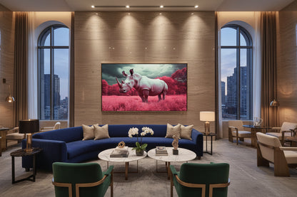 Oversized horizontal rhino artwork displayed on grand architectural wall in hotel lounge with tall windows and designer seating.