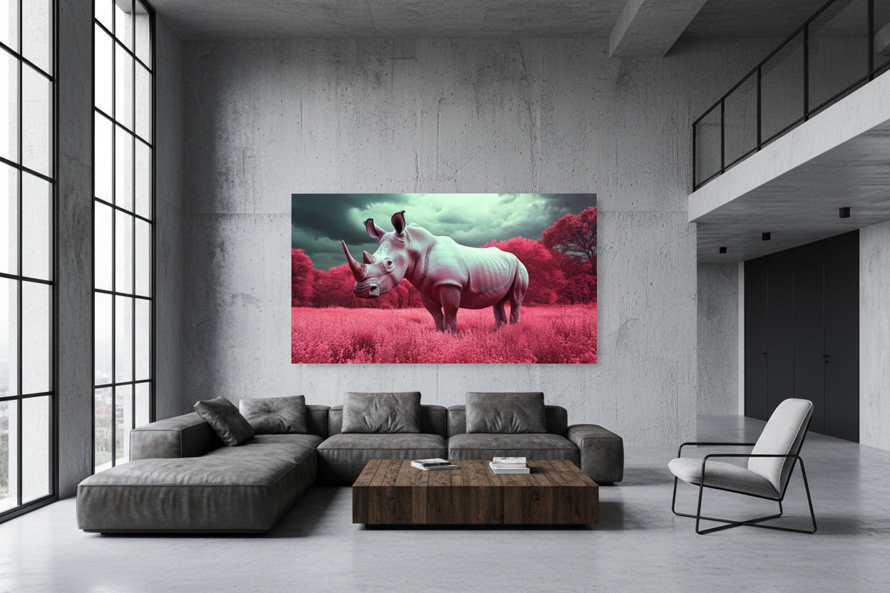 Oversized horizontal rhino statement artwork mounted on raw concrete wall in double-height industrial loft with steel-framed windows.
