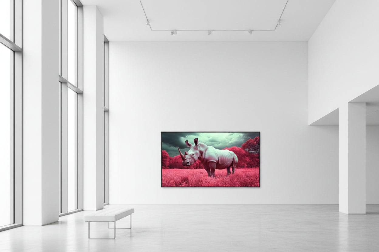 Large horizontal wildlife artwork spanning expansive white gallery wall with high ceilings and polished concrete floors.