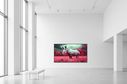 Large horizontal wildlife artwork spanning expansive white gallery wall with high ceilings and polished concrete floors.