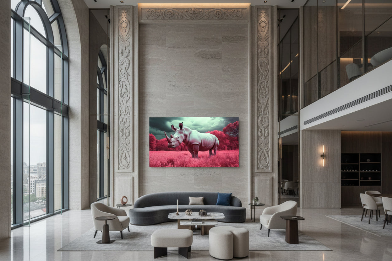 Oversized horizontal rhino artwork displayed on grand architectural wall in hotel lounge with tall windows and designer seating.