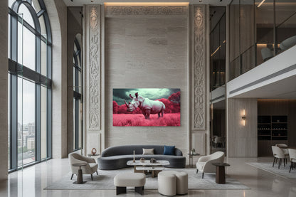 Oversized horizontal rhino artwork displayed on grand architectural wall in hotel lounge with tall windows and designer seating.