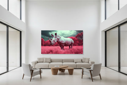 Large horizontal rhino artwork centered on expansive white wall in modern villa with high ceilings and floor-to-ceiling windows.