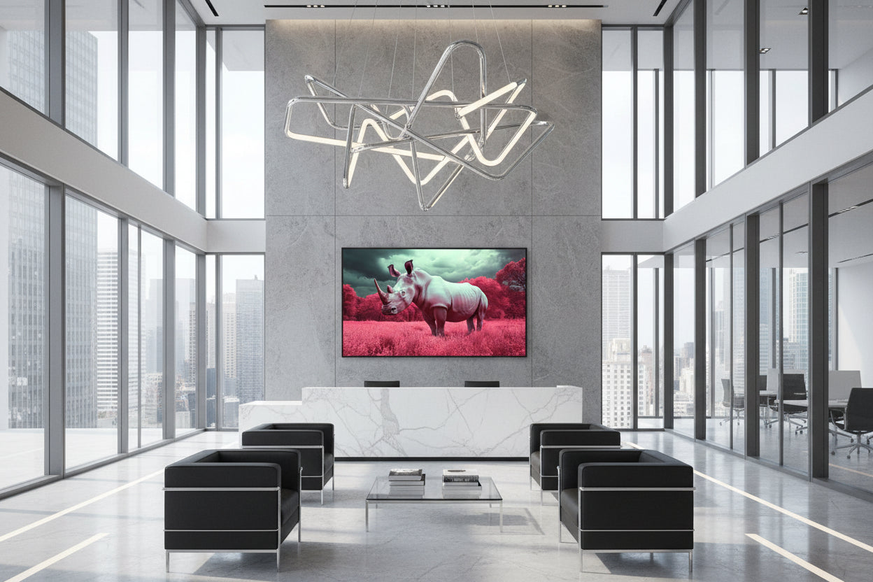 Large rhino wall art installed on feature wall behind marble reception desk in high-ceiling corporate lobby with full-height glass façade.